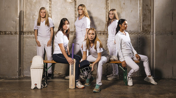  Female cricketers posing in women's cricket kits from Maiden.