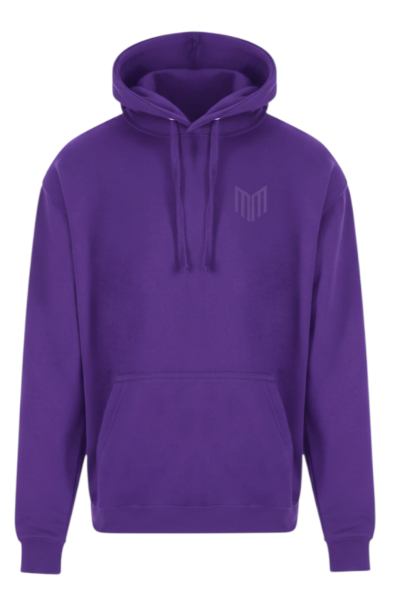 Maiden Cricket purple relaxed fit hoodie with a lined hood, kangaroo pocket, and ribbed cuffs.