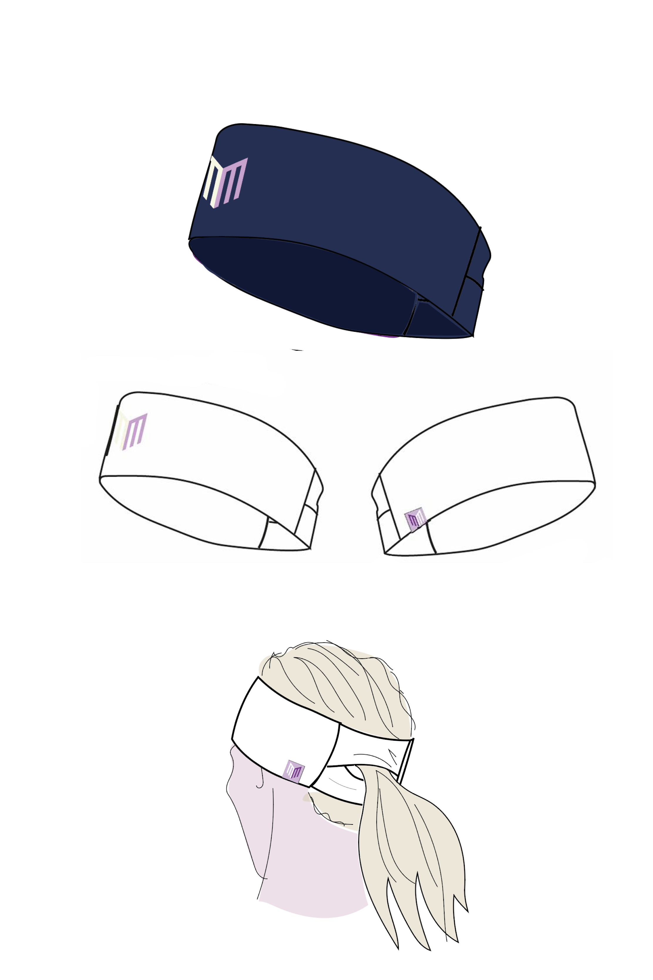 A navy blue headband with a logo on the front, illustrated in a flat lay and worn by a cartoon woman in the depicted use case.