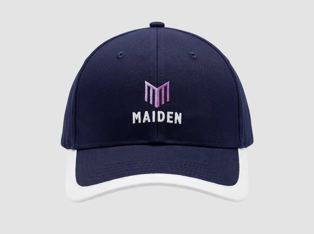 Maiden Cricket Beamer Cap in navy blue with a white brim and embroidered logo, featuring a classic six-panel design.