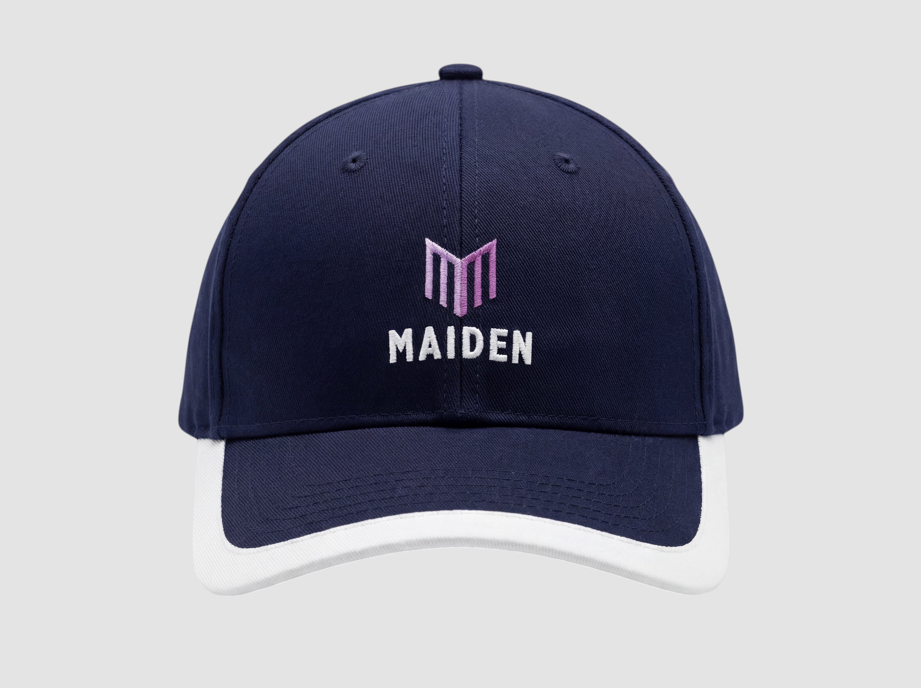 Maiden Cricket Beamer Cap in navy blue with a white brim and embroidered logo, featuring a classic six-panel design.