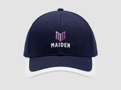 Maiden Cricket Beamer Cap in navy blue with a white brim and embroidered logo, featuring a classic six-panel design.