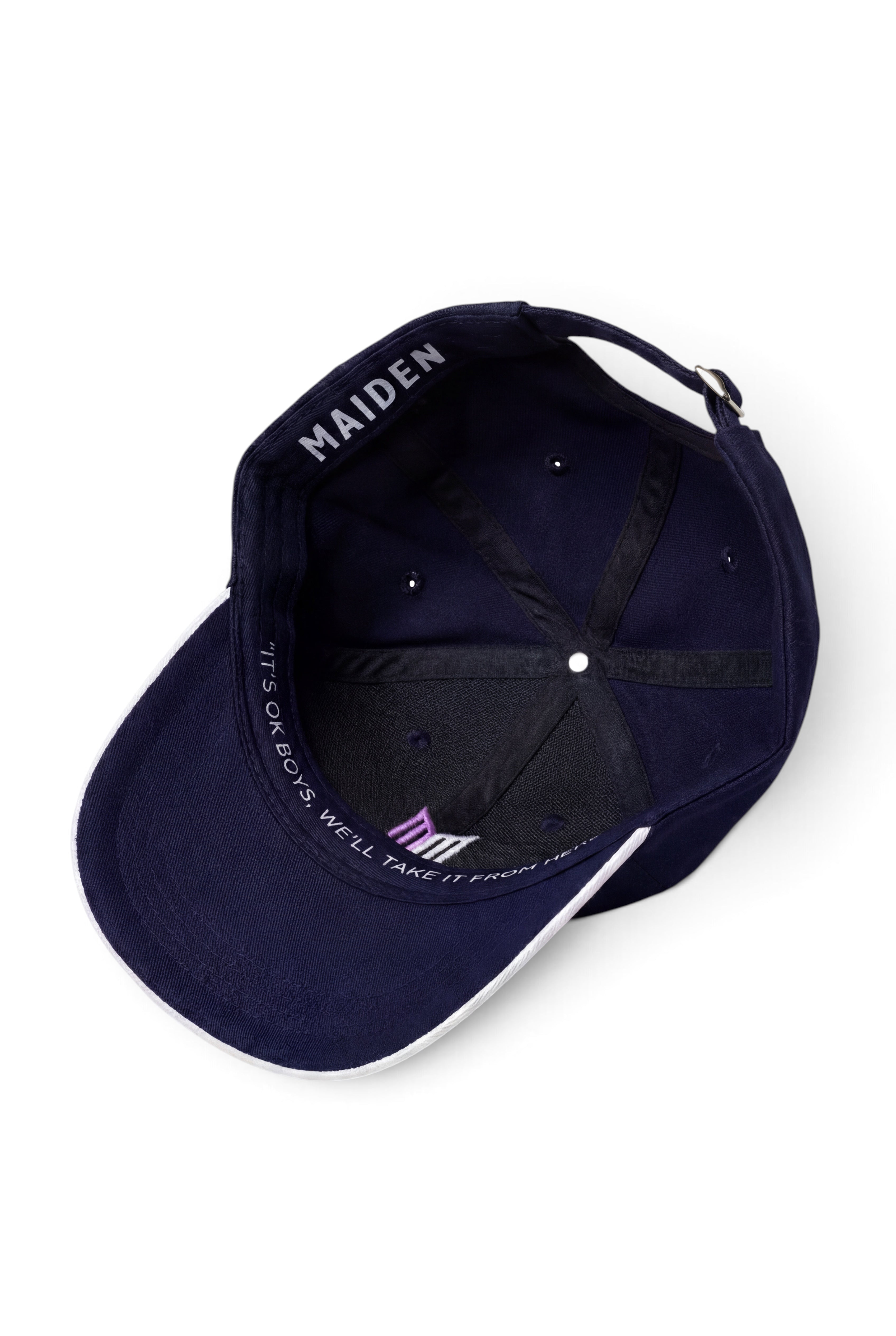 Maiden Cricket Beamer Cap in navy blue with interior branding and adjustable buckle strap, viewed from above.
