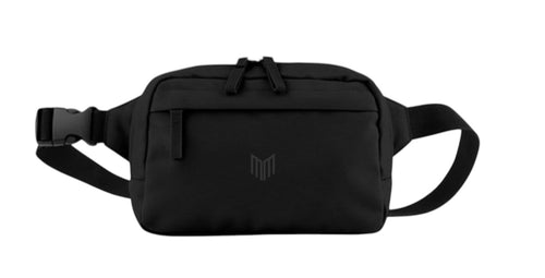 Maiden Cricket black belt bag with adjustable strap, zipped compartments, and tone-on-tone embroidered M logo