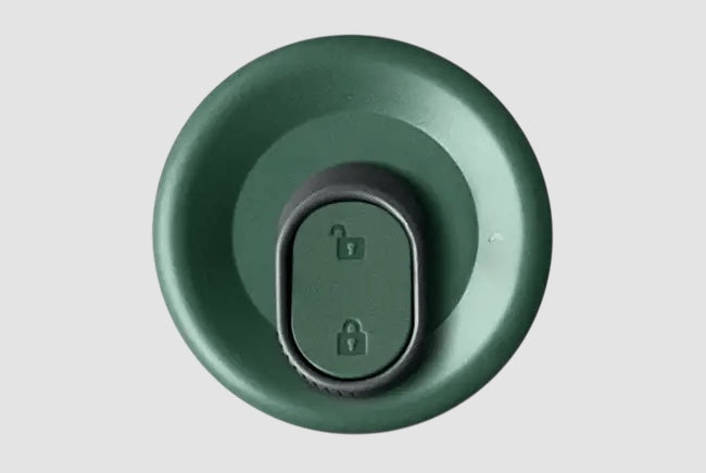 Maiden Cricket x Black+Blum travel mug lid in dark green with a black lockable one-hand opening mechanism