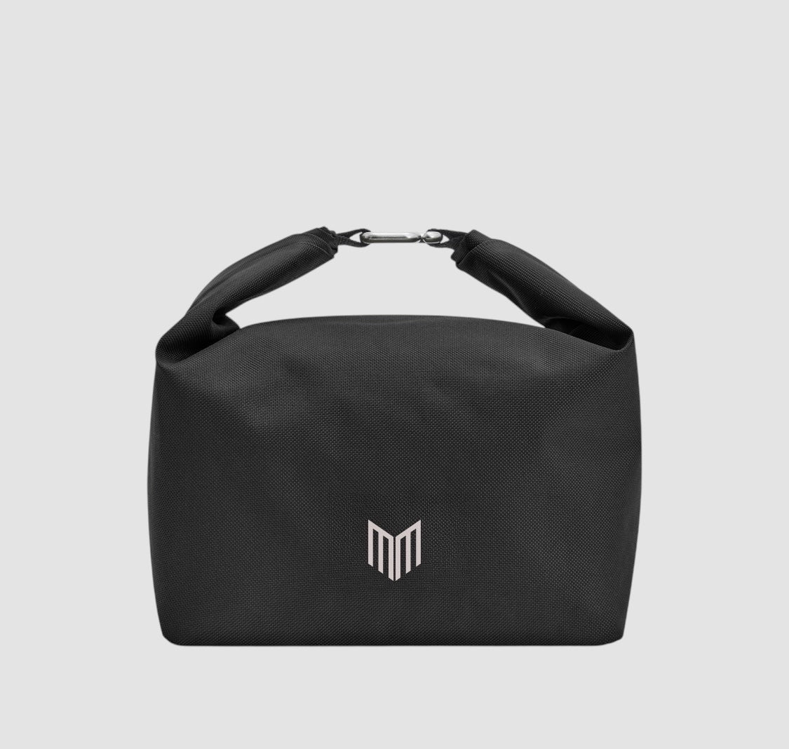 Maiden Cricket x Black+Blum black insulated lunch bag with roll-top closure and G-hook fastening