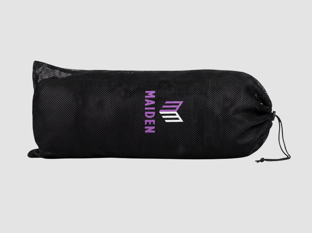 Maiden Cricket black mesh storage bag for batting pads with purple and white logo branding