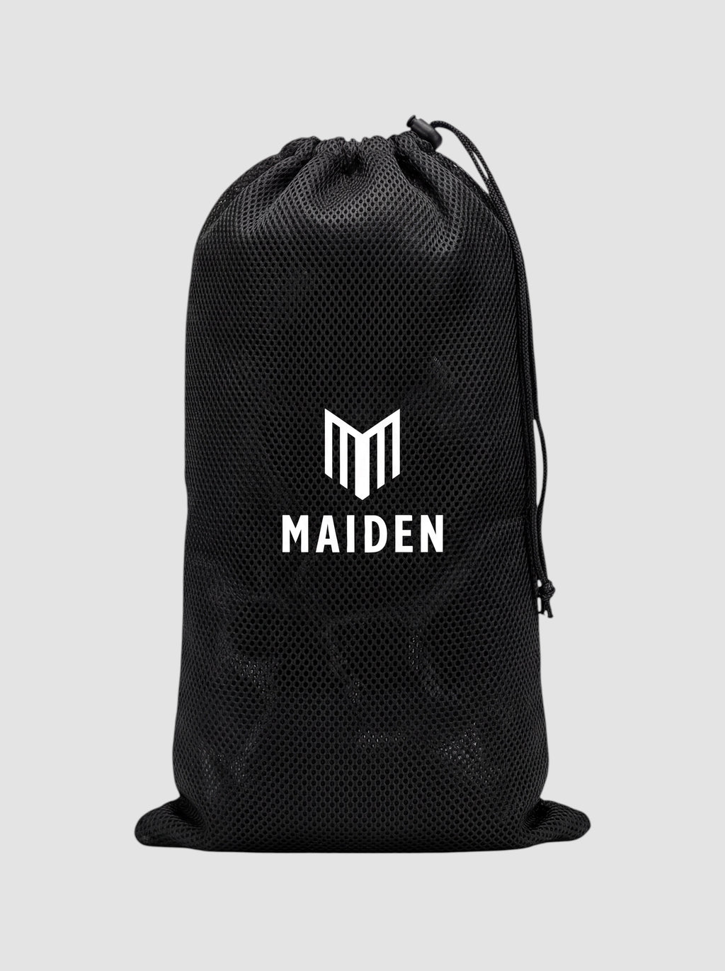 Maiden Cricket black mesh drawstring storage bag with white brand logo for cricket equipment