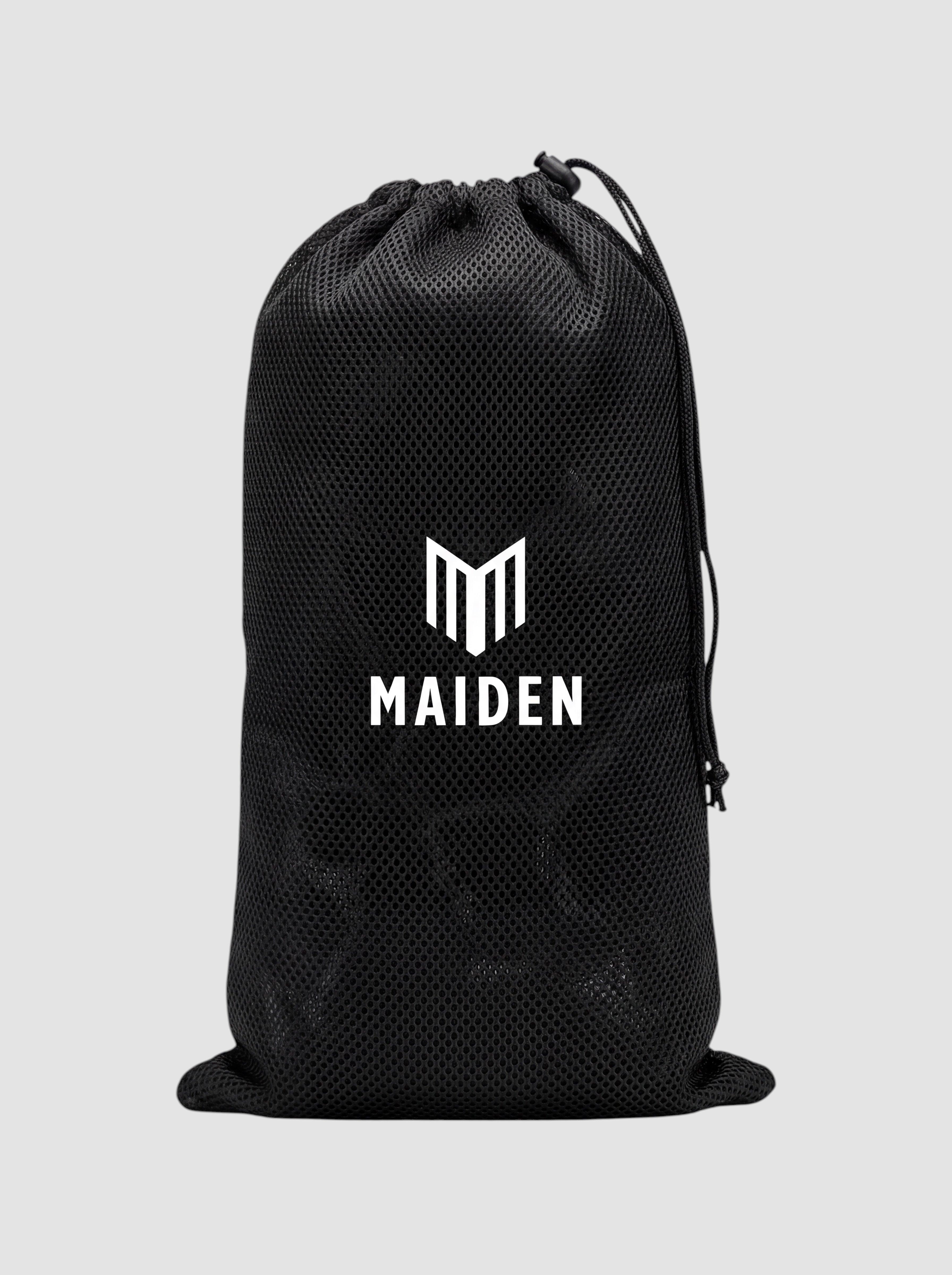 Maiden Cricket black mesh drawstring storage bag with white brand logo for cricket equipment