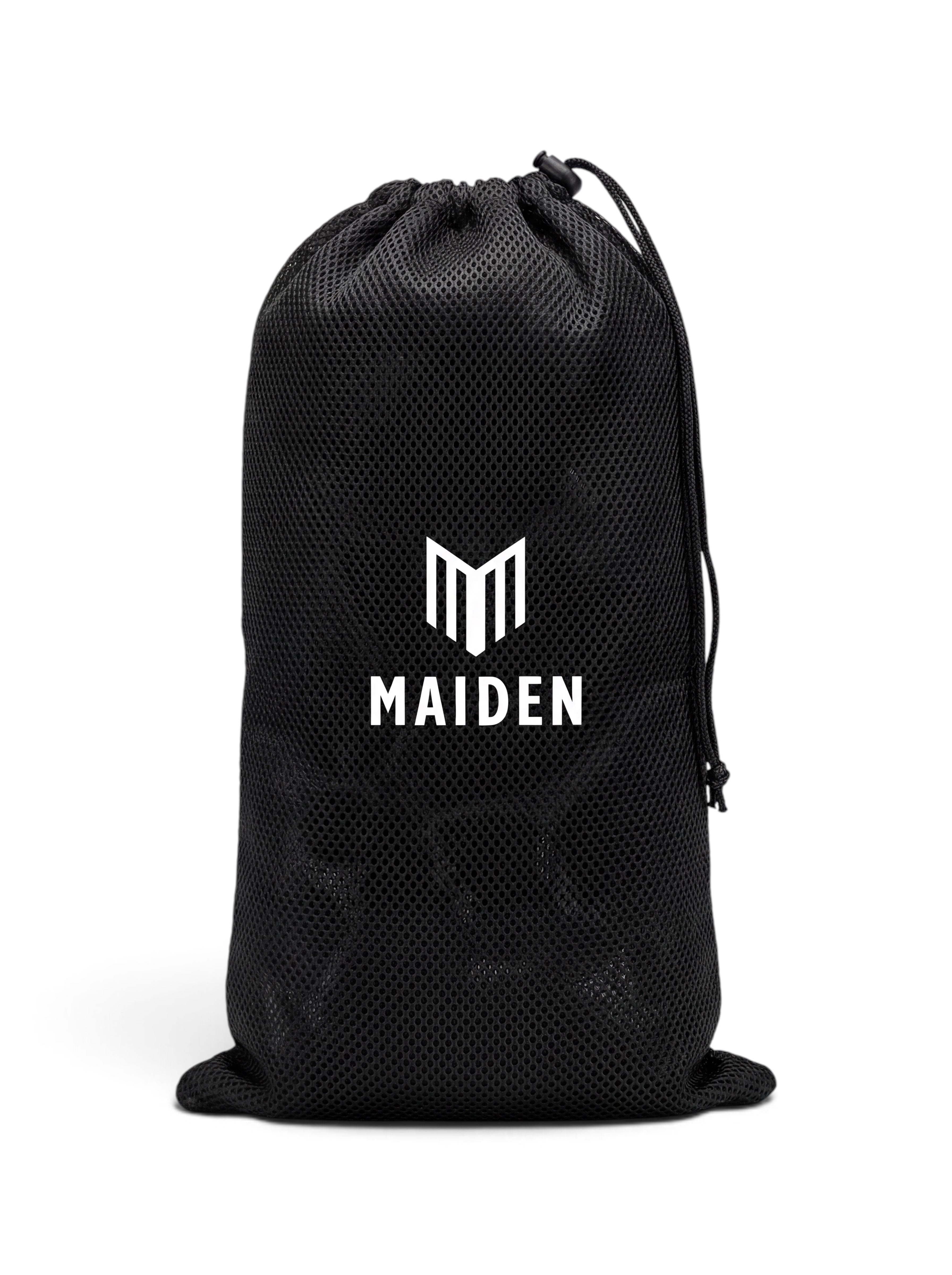 Maiden Cricket black mesh drawstring storage bag with white brand logo for cricket equipment