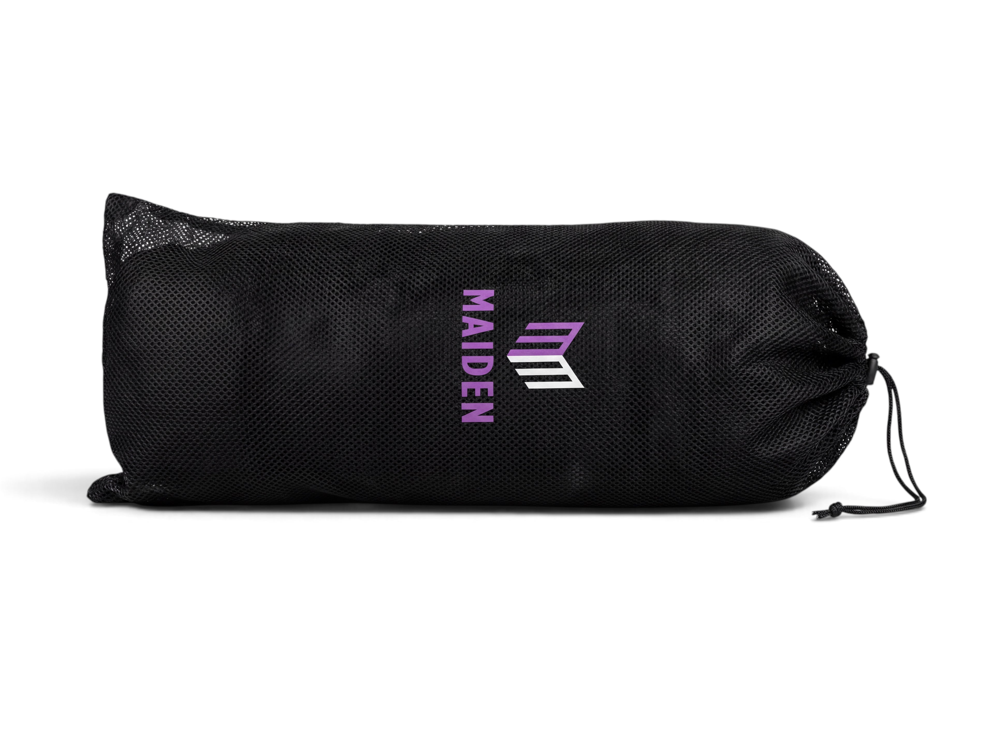 Maiden Cricket black mesh equipment storage bag with purple and white logo branding