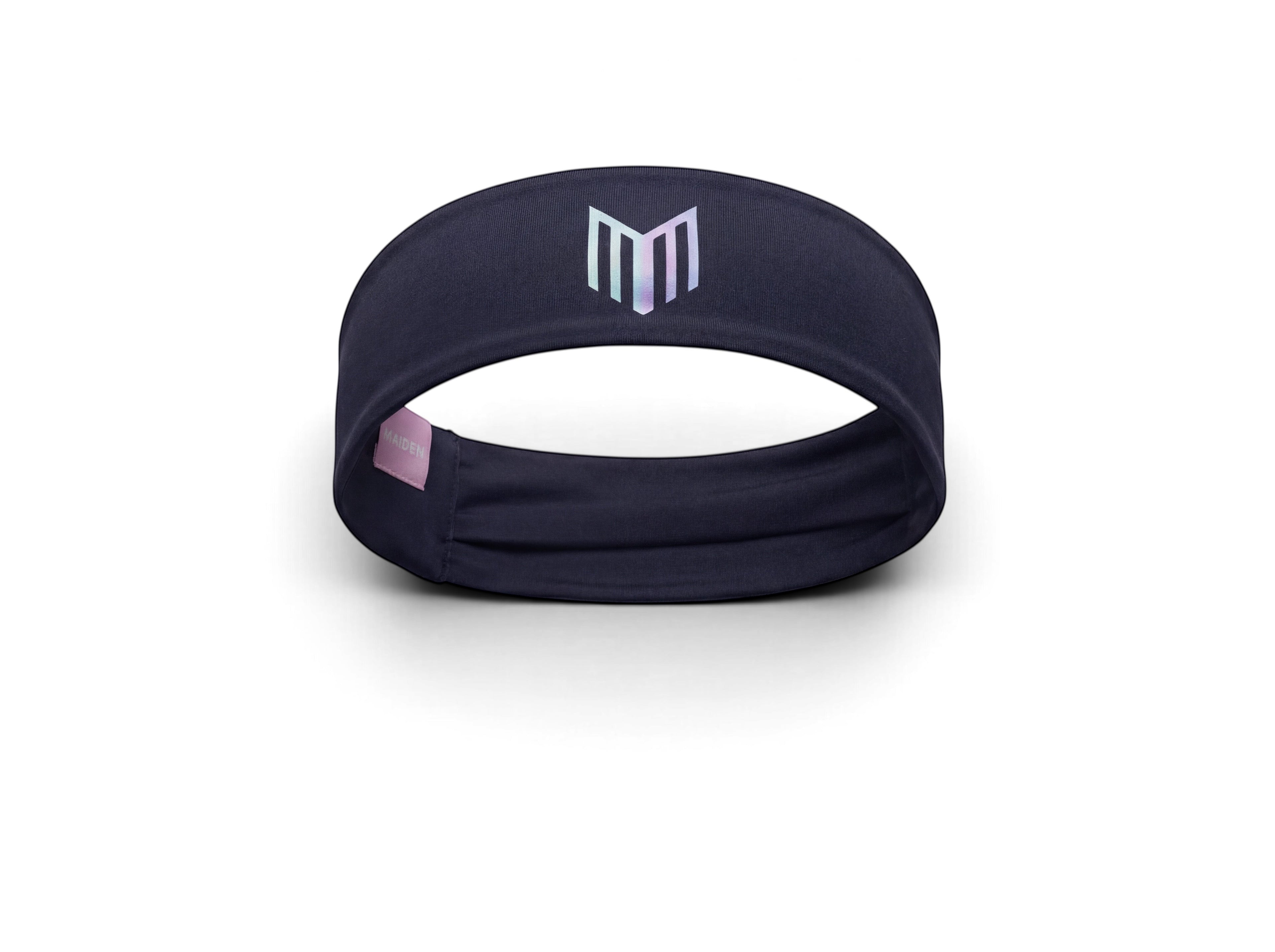 Maiden Cricket Bouncer Headband in black moisture-wicking fabric with a reflective logo for cricket players