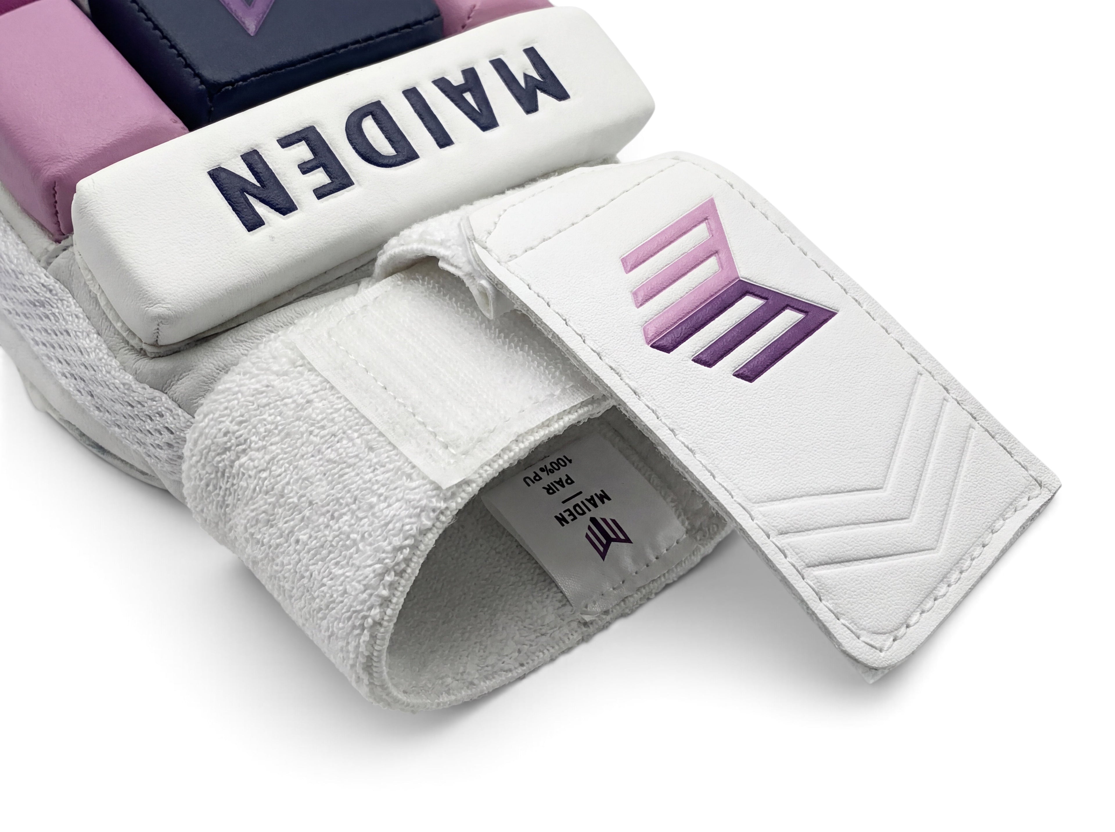 Maiden Cricket batting gloves for girls featuring white PU, pink and navy padding, and a moisture-wicking sweatband.