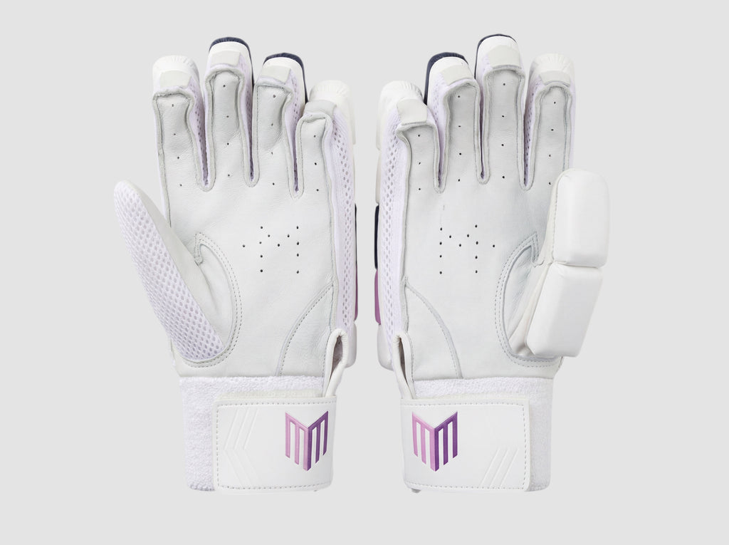 Maiden Cricket batting gloves for girls with white sheepskin leather palms, pre-curved fingers, and sweatbands.