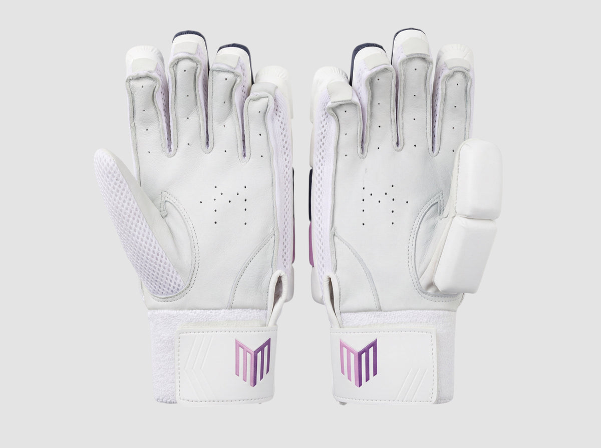 Maiden Cricket batting gloves for girls with white sheepskin leather palms, pre-curved fingers, and sweatbands.
