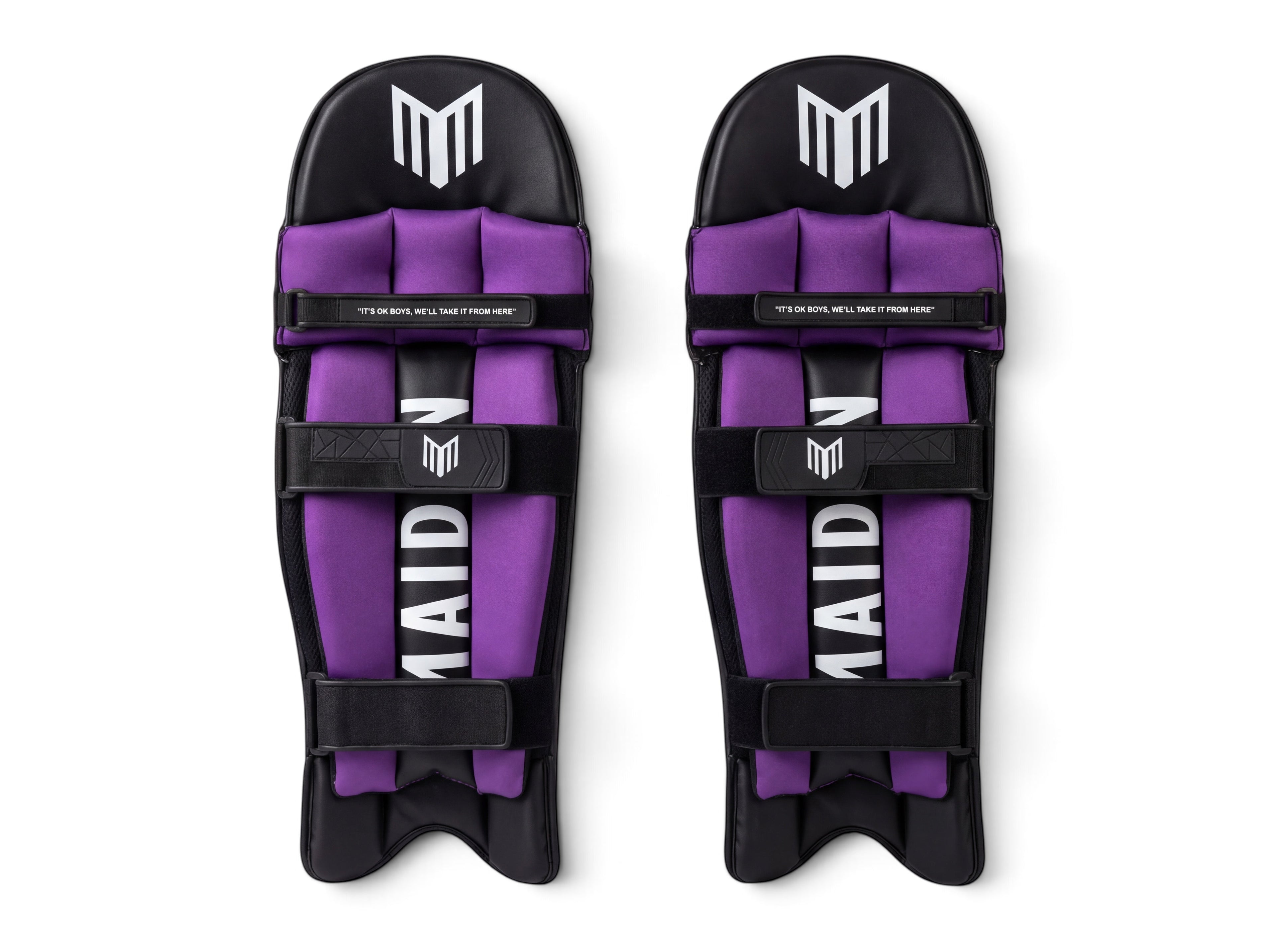 Maiden Cricket girls' batting pads in black and purple with ergonomic knee design and secure support straps