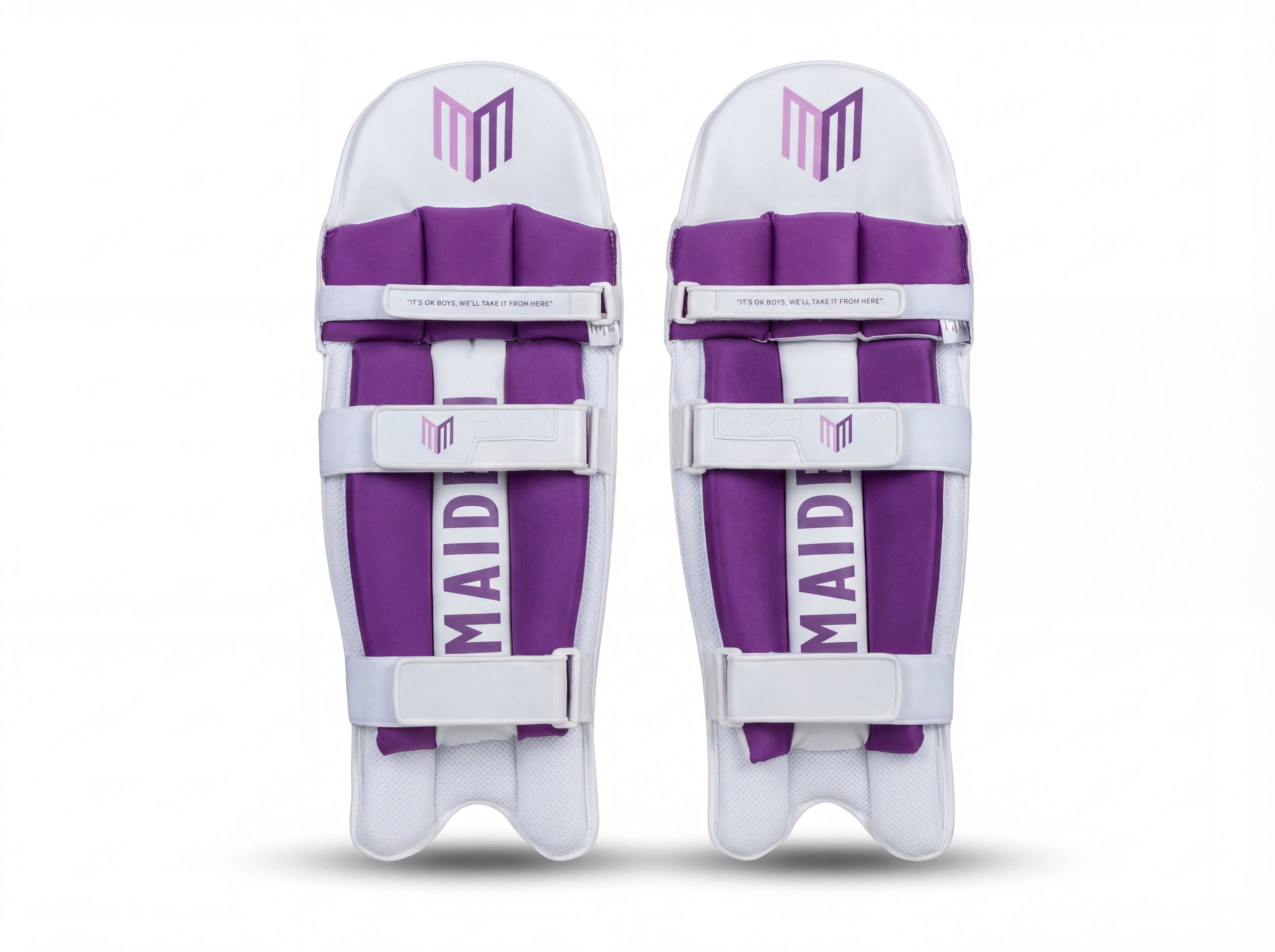 Maiden Cricket girls' white and purple batting pads with ergonomic knee design and soft-touch support straps