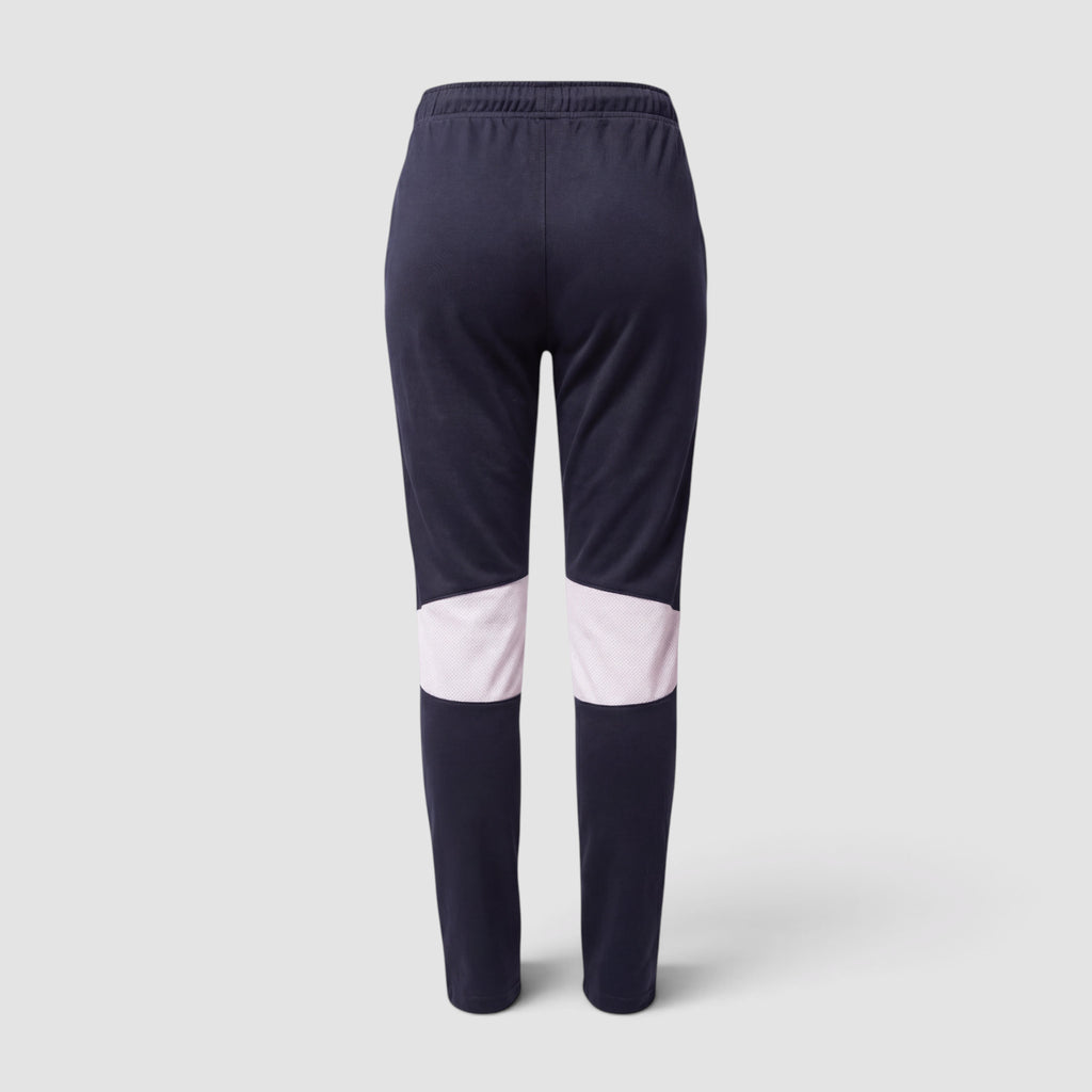 Maiden Cricket girls' navy training trousers with light pink mesh knee vents, back view showing elasticated waistband.