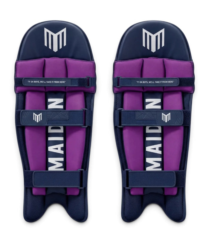 Maiden Cricket girls' navy and purple batting pads with ergonomic knee curve and secure soft-touch support straps.