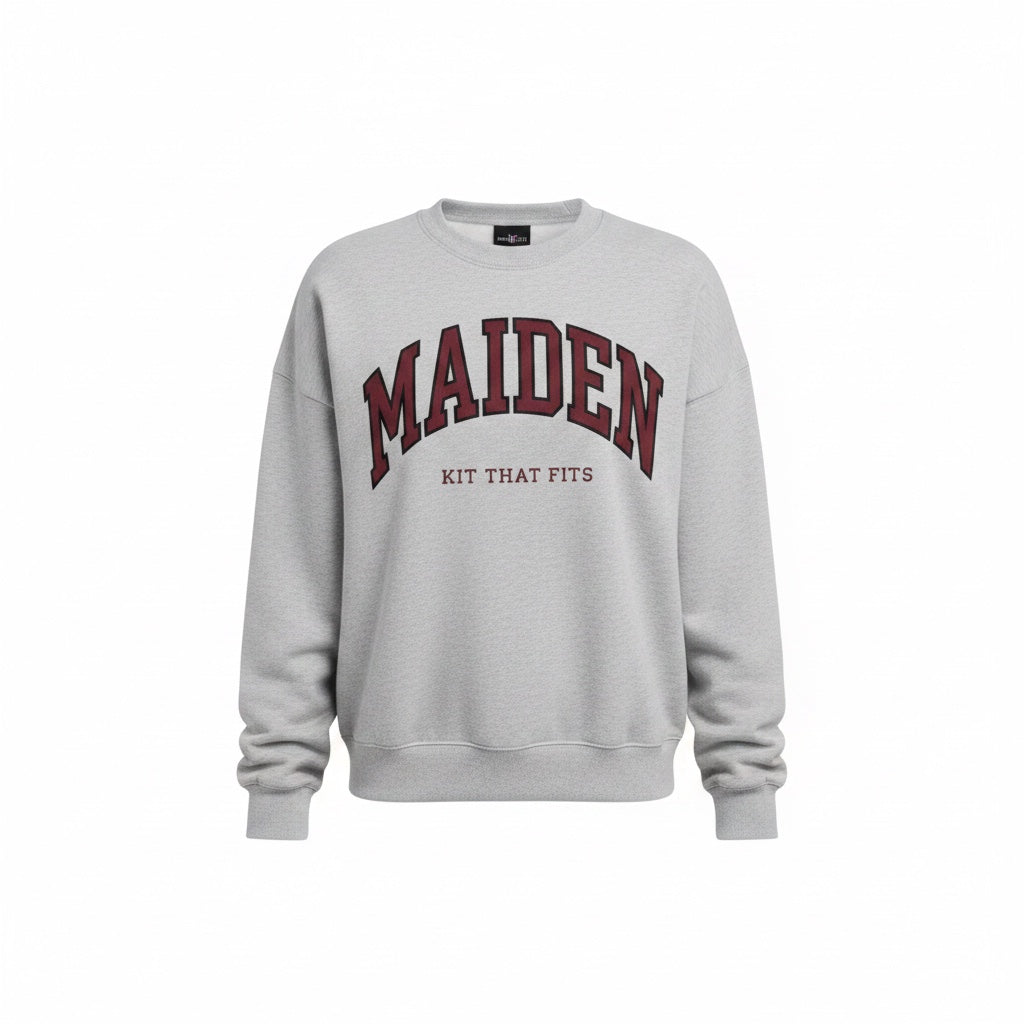 Maiden Cricket heather grey crewneck sweatshirt with maroon and black collegiate MAIDEN graphic and ribbed trim