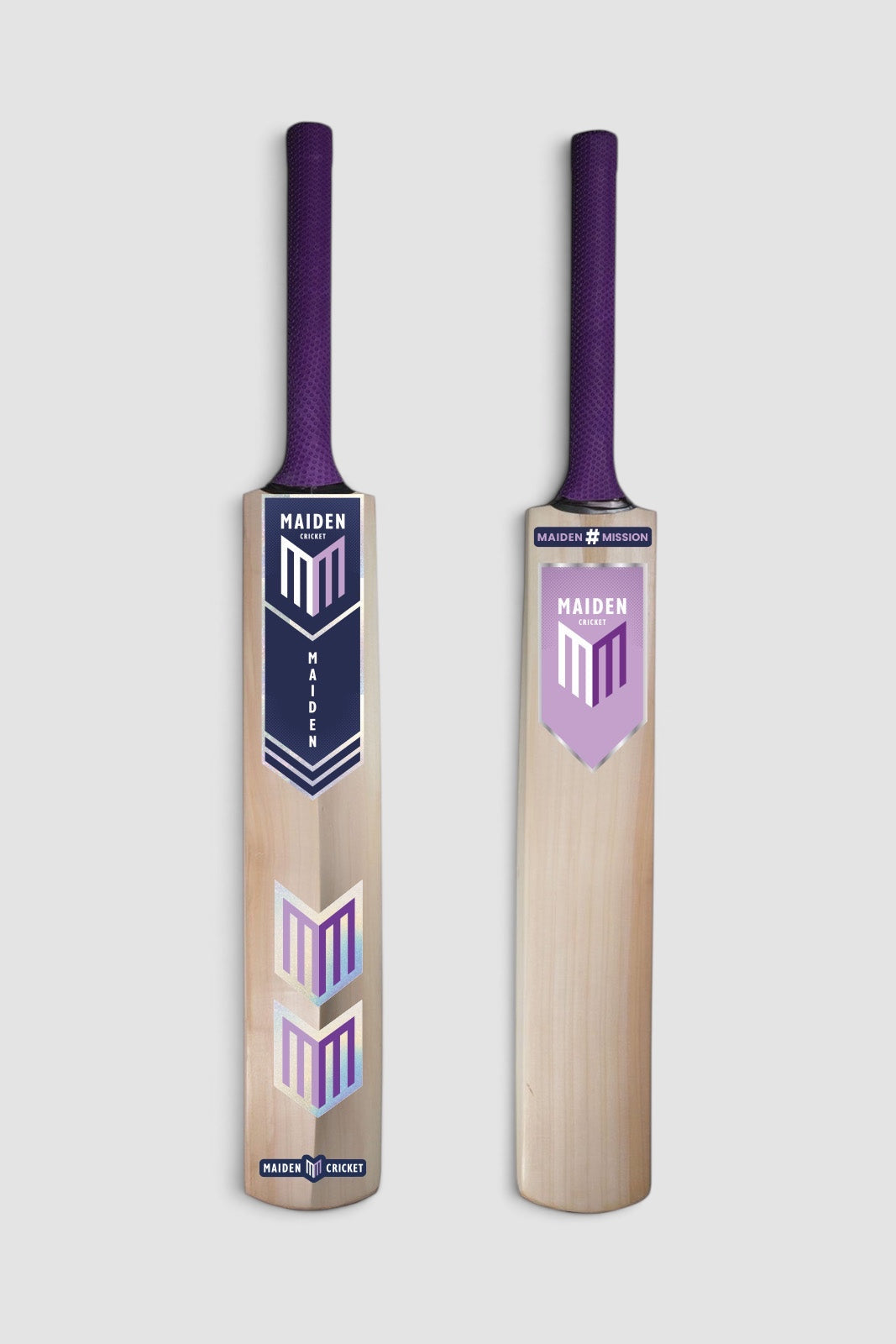 Two cricket bats featuring Maiden Cricket Howzat stickers in purple and silver with bold geometric branding.