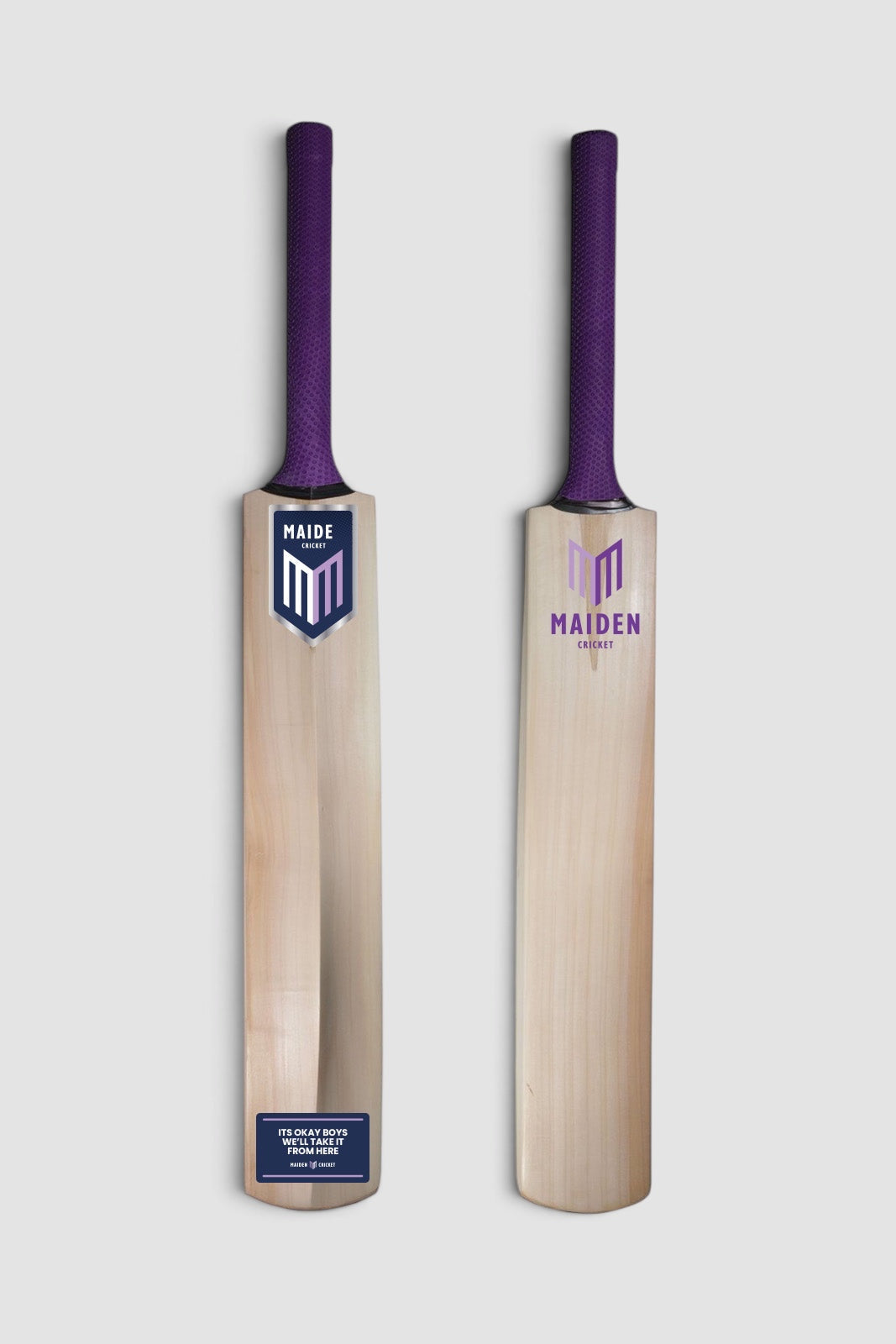 Maiden Cricket Howzat bat stickers featuring purple and silver branding applied to two wooden cricket bats