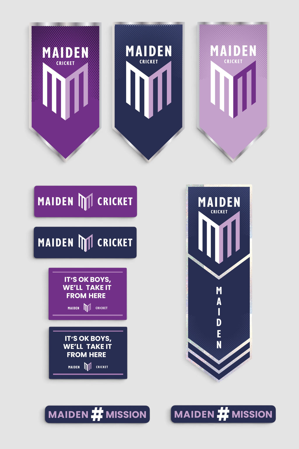 Maiden Cricket Howzat bat stickers set featuring purple and navy branding, logos, and motivational text decals.