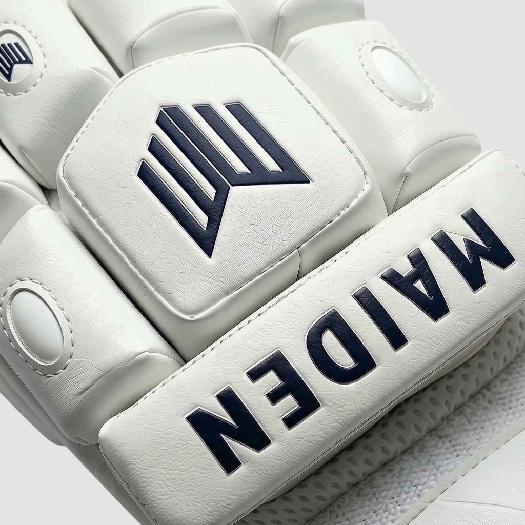 Maiden Cricket Mia Rogers limited edition white batting gloves with navy branding and protective foam padding.