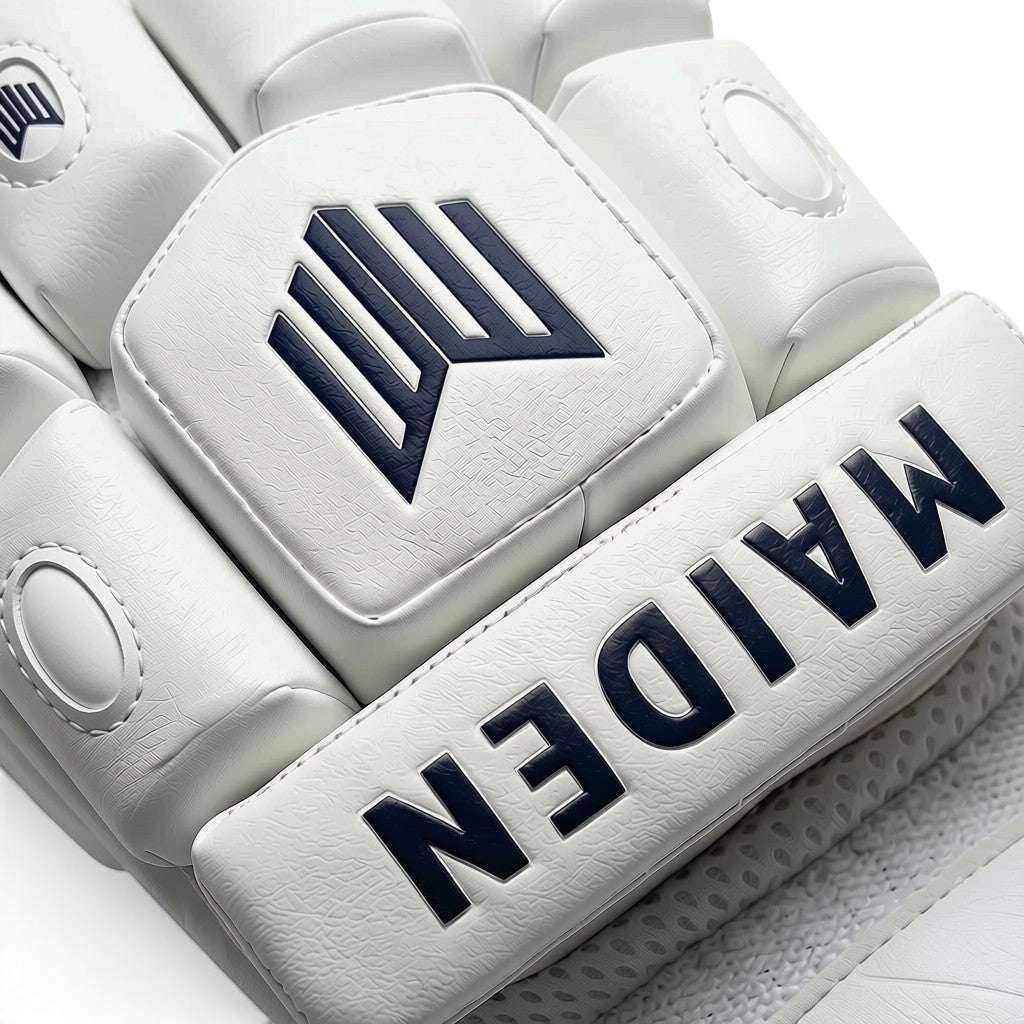 Maiden Cricket Mia Rogers limited edition white batting gloves with navy branding and protective foam padding