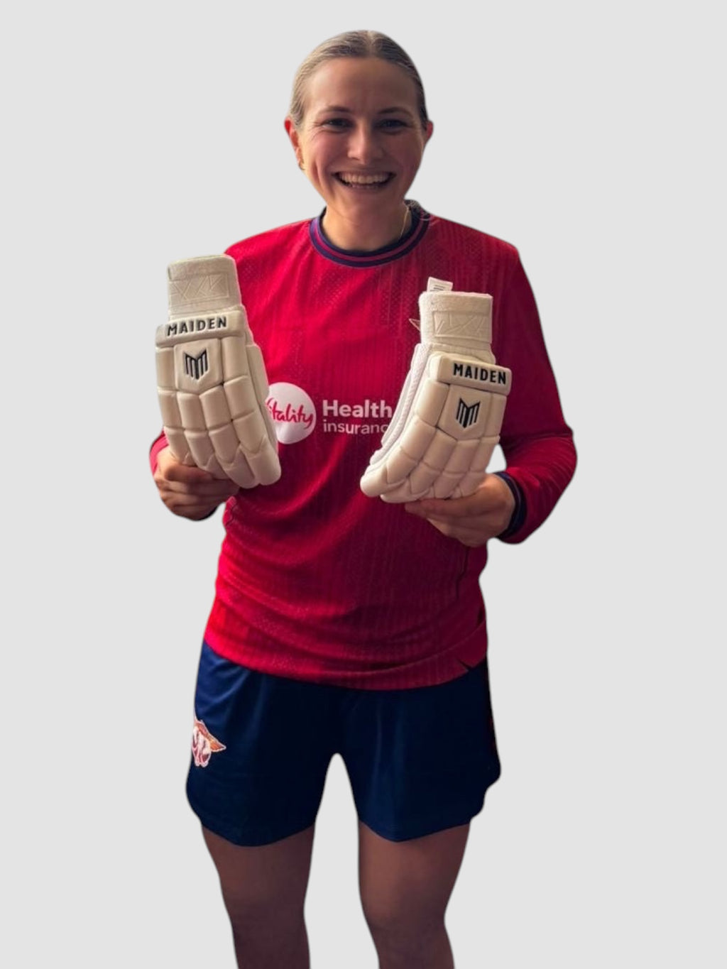 Maiden Cricket Mia Rogers limited edition white batting gloves designed for girls with sheepskin leather palms.