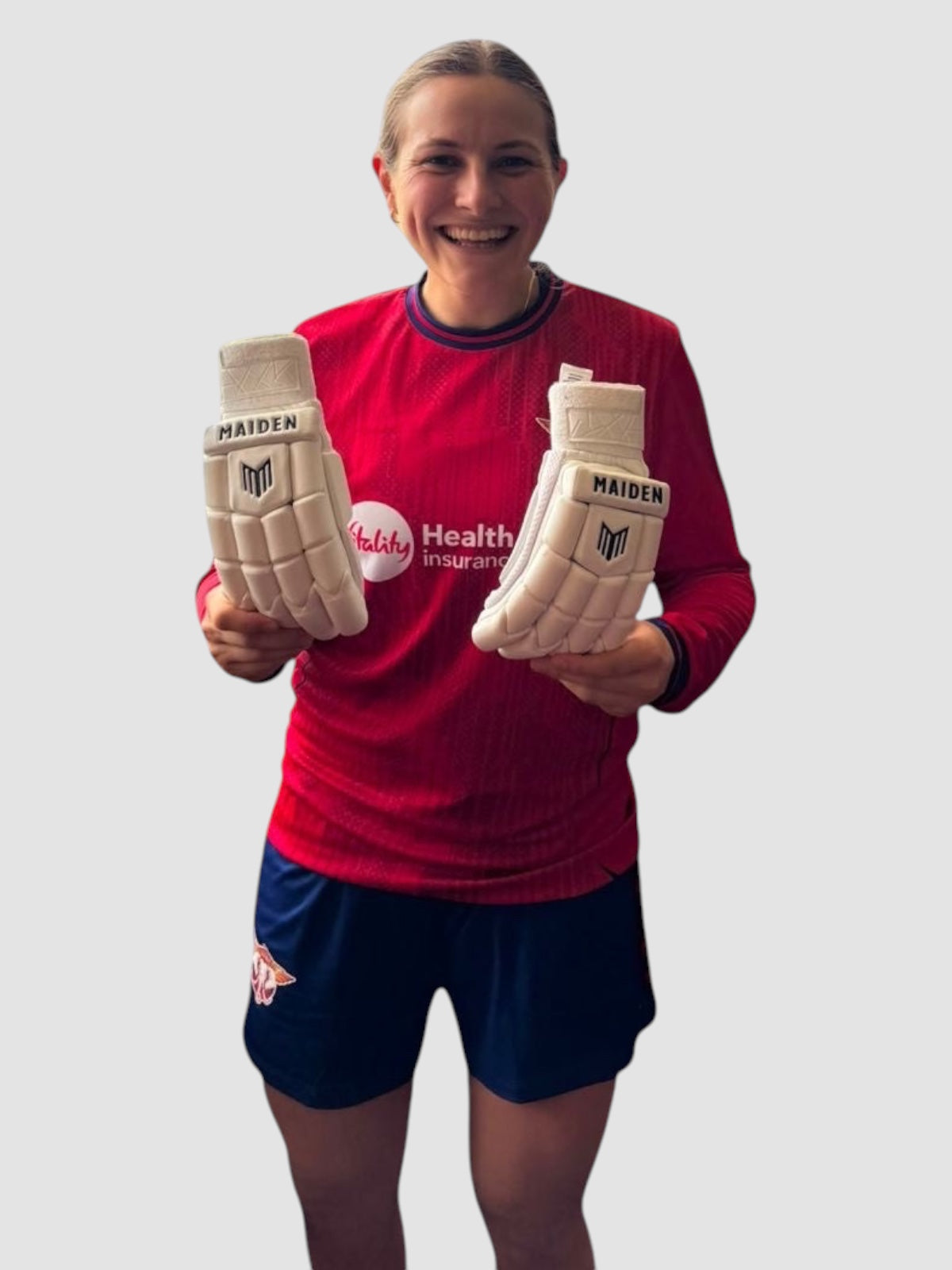 Maiden Cricket Mia Rogers limited edition white batting gloves designed for girls with sheepskin leather palms.