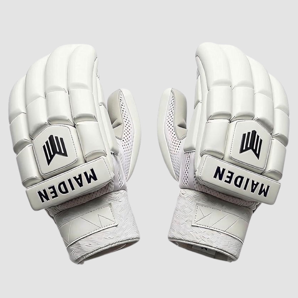 Maiden Cricket Mia Rogers limited edition white batting gloves with sheepskin palms and pre-curved fingers for girls.