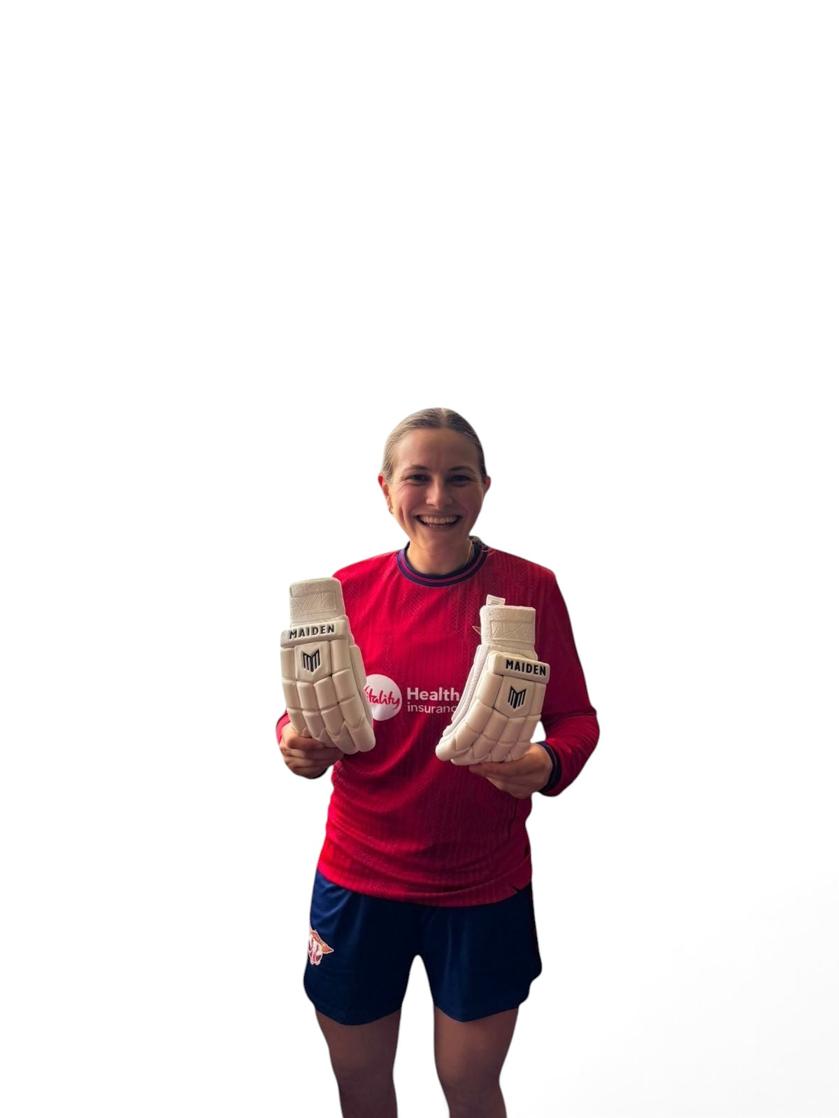 Maiden Cricket Mia Rogers limited edition women's batting gloves featuring premium white PU and sheepskin leather.