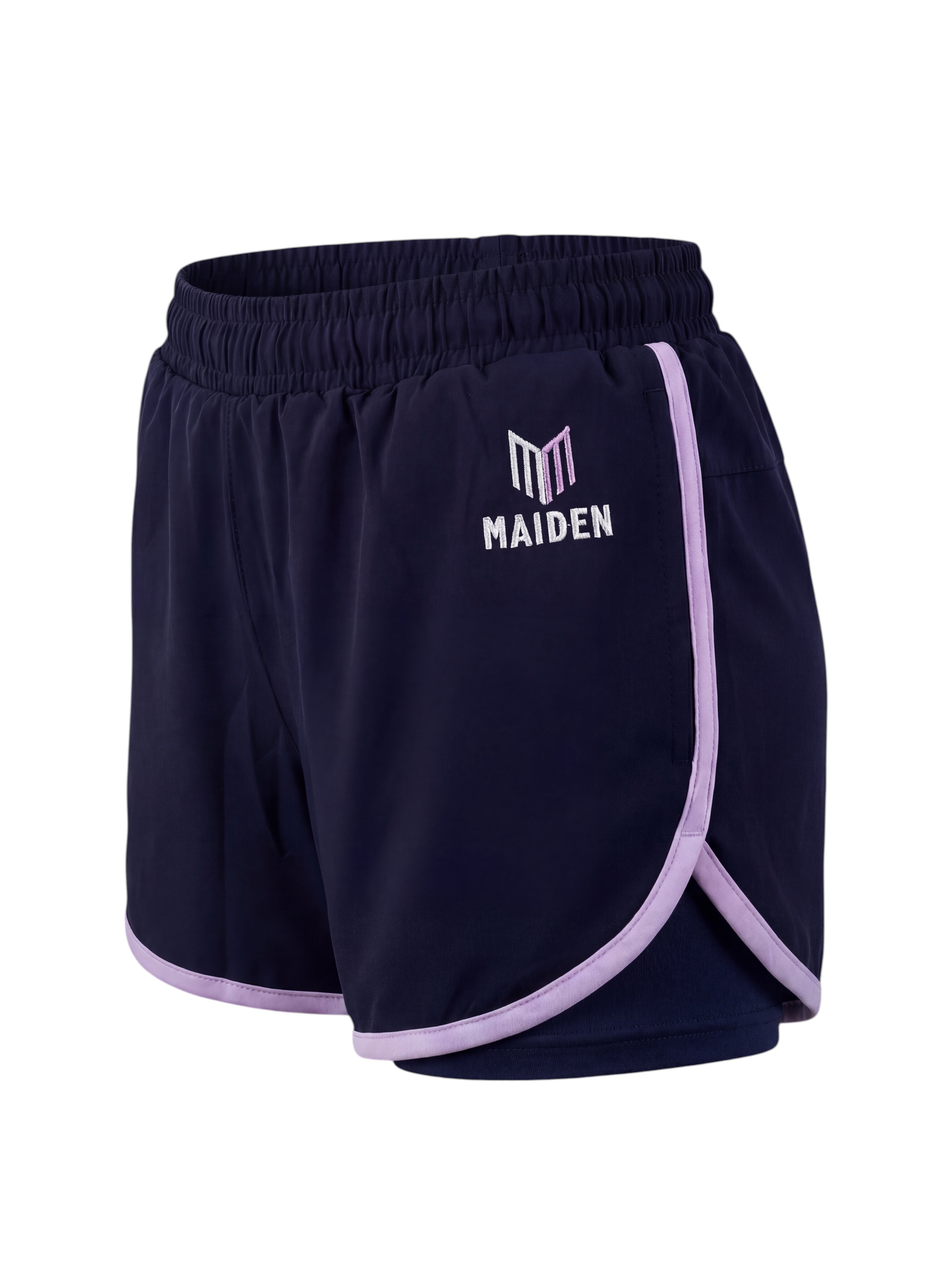 Maiden Cricket navy blue athletic shorts for women with light purple trim, built-in undershorts, and logo detail.