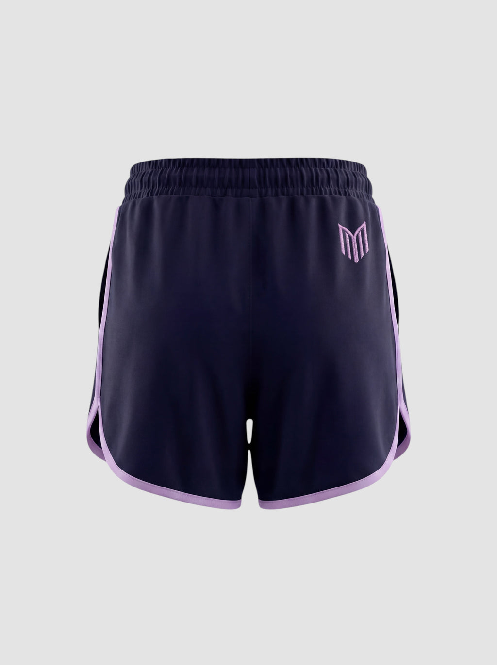 Maiden Cricket women's navy blue athletic shorts with light purple trim and logo, featuring a curved hem design.