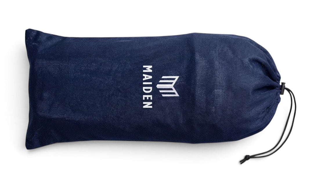Maiden Cricket navy blue drawstring storage bag for girls' batting pads with white logo branding