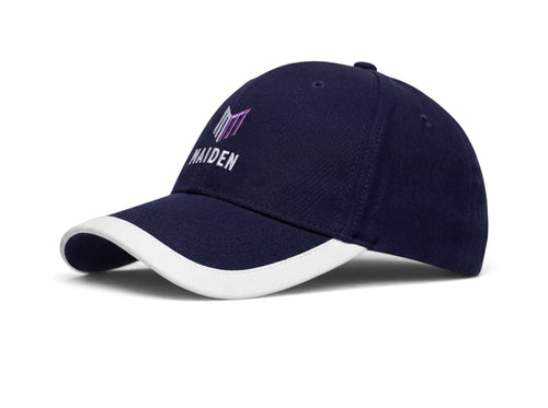 Maiden Cricket Beamer Cap in navy blue with white brim trim and embroidered logo, featuring a six-panel design.