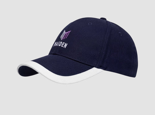 Maiden Cricket Beamer Cap in navy blue with a white brim edge and embroidered logo, featuring a six-panel design.