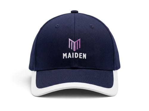 Maiden Cricket Beamer Cap in navy blue with a white brim and embroidered logo, featuring a classic six-panel design.