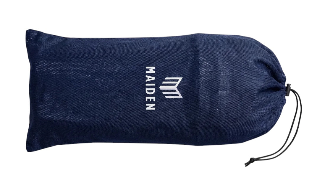 Maiden Cricket navy blue drawstring storage bag with white brand logo for women's cricket batting pads