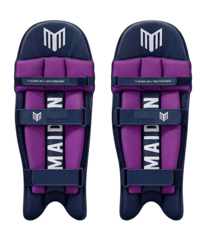 Maiden Cricket women's navy and purple batting pads with ergonomic knee curve and secure soft-touch support straps