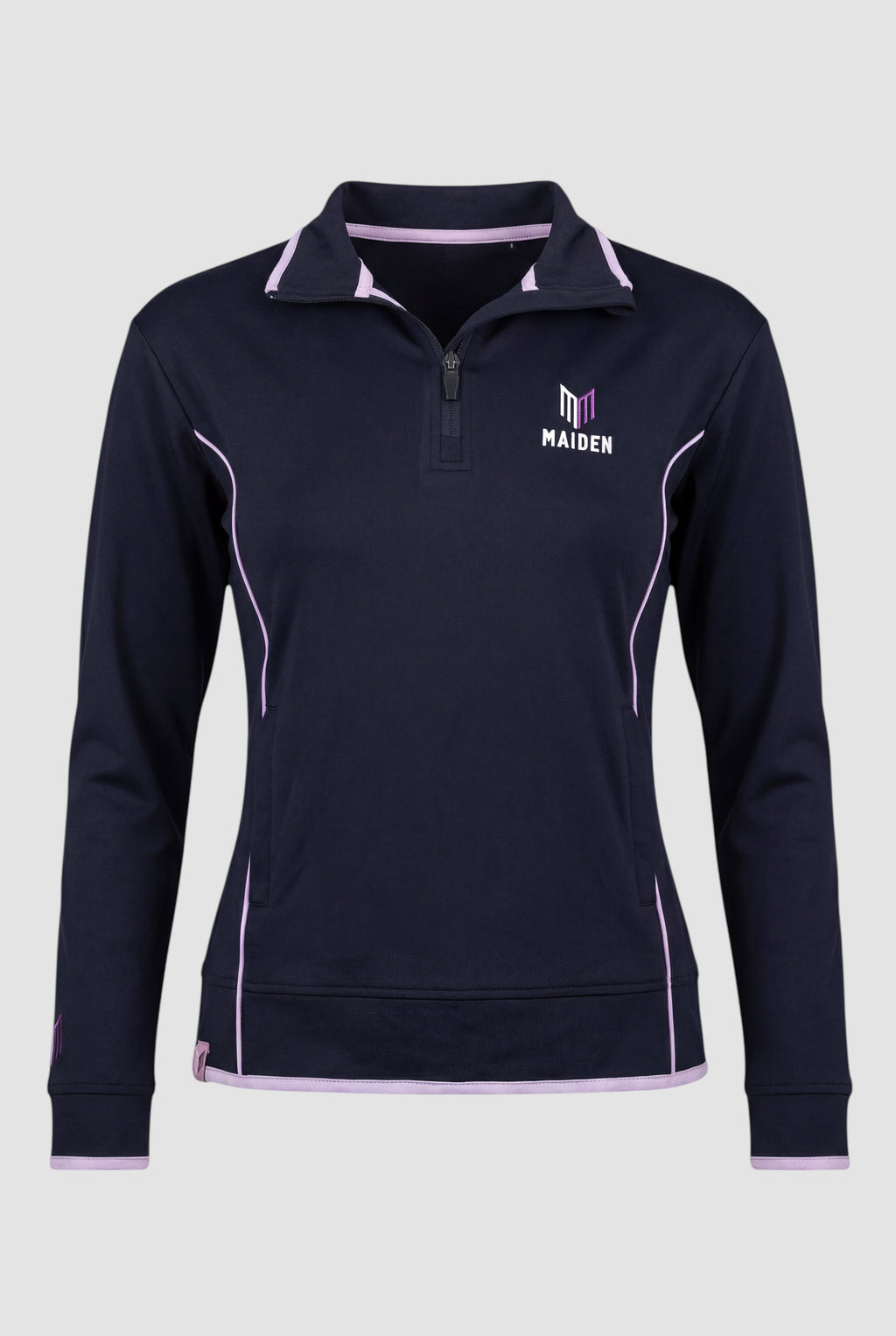 Maiden Cricket women's navy blue quarter-zip midlayer with light purple piping and logo, designed for athletic wear.
