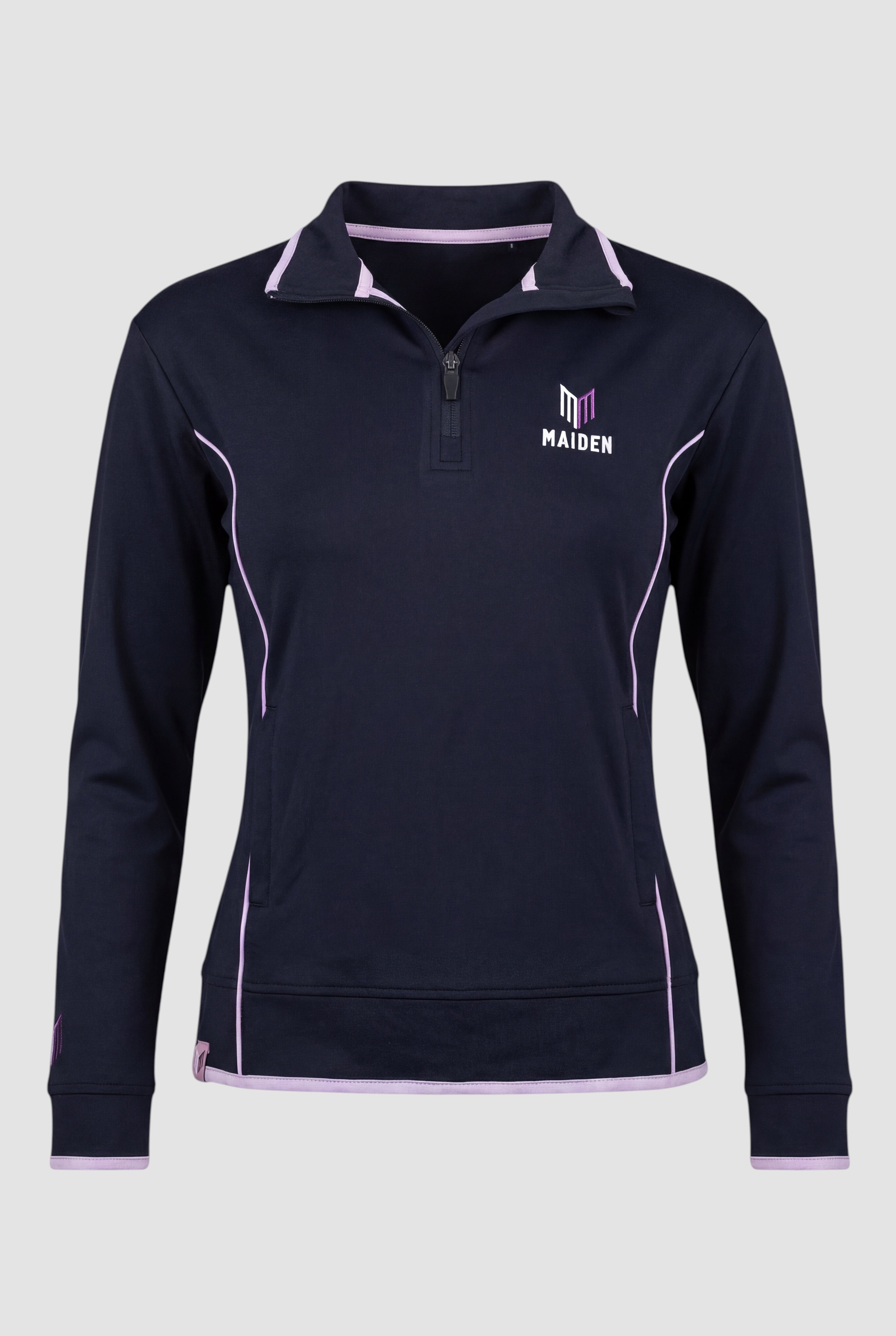 Maiden Cricket women's navy blue quarter-zip midlayer with light purple piping and logo, designed for athletic wear.