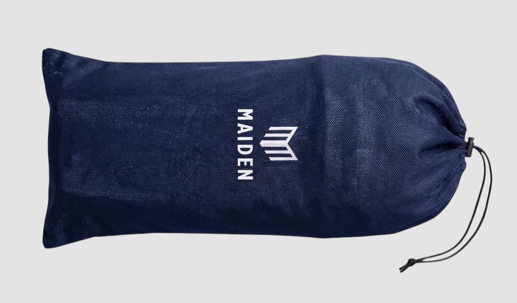 Maiden Cricket navy blue drawstring storage bag for women's batting pads with white logo branding