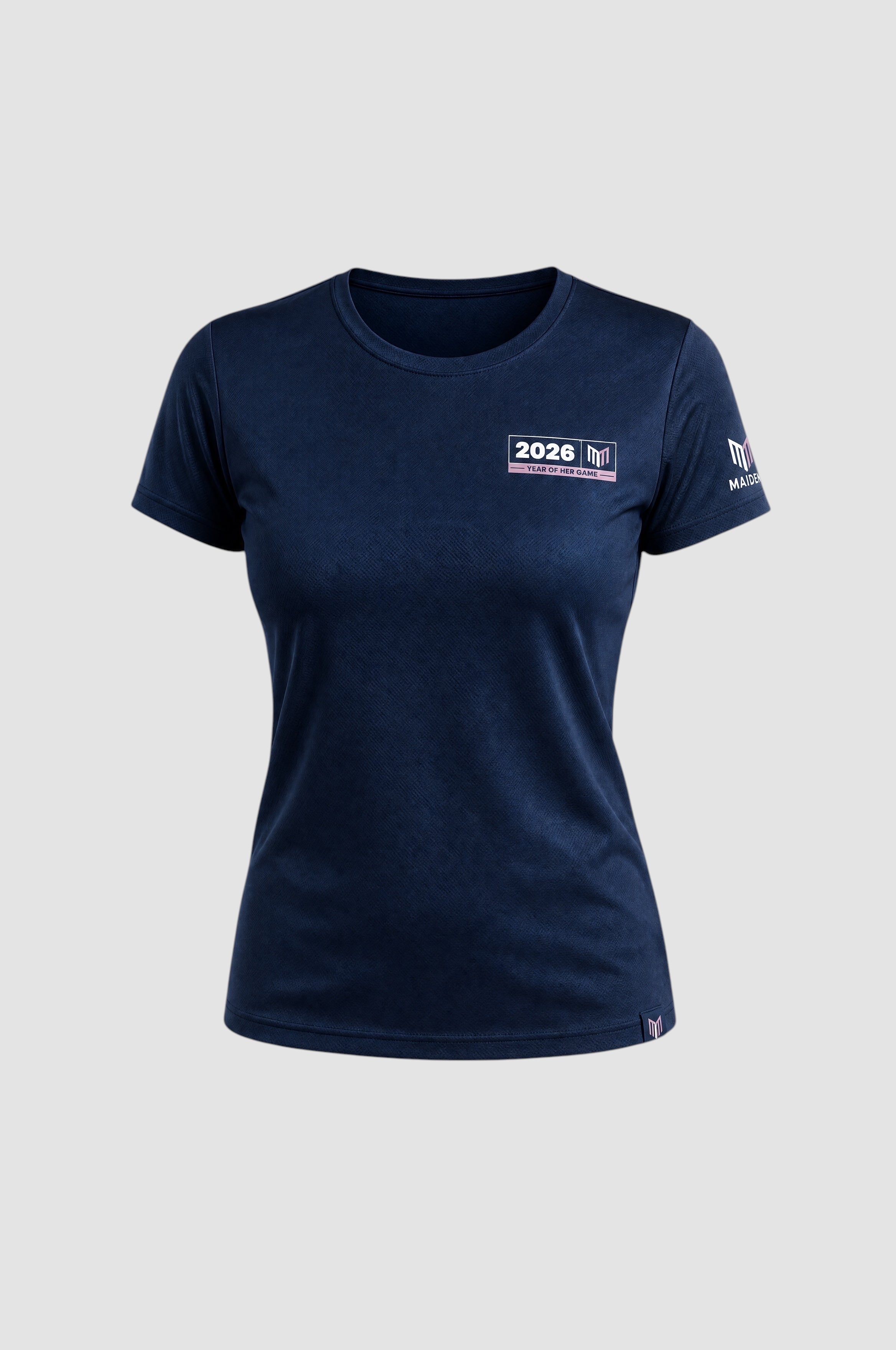 Maiden Cricket navy blue women's cricket world cup fan t-shirt with 2026 Year of Her Game graphic on the chest.