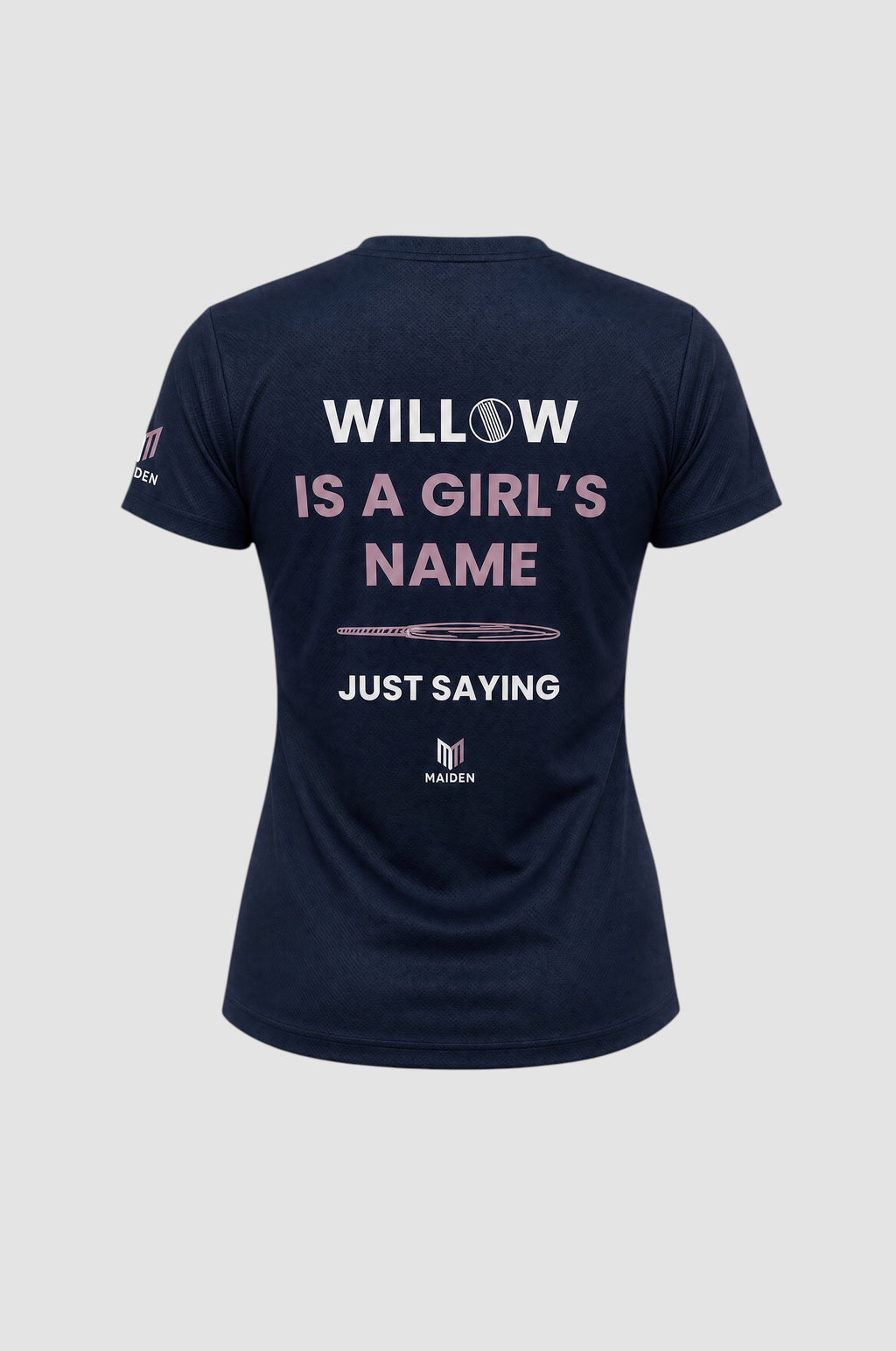 Back view of a navy Maiden Cricket women's World Cup t-shirt with Willow Is A Girl's Name graphic in pink and white.