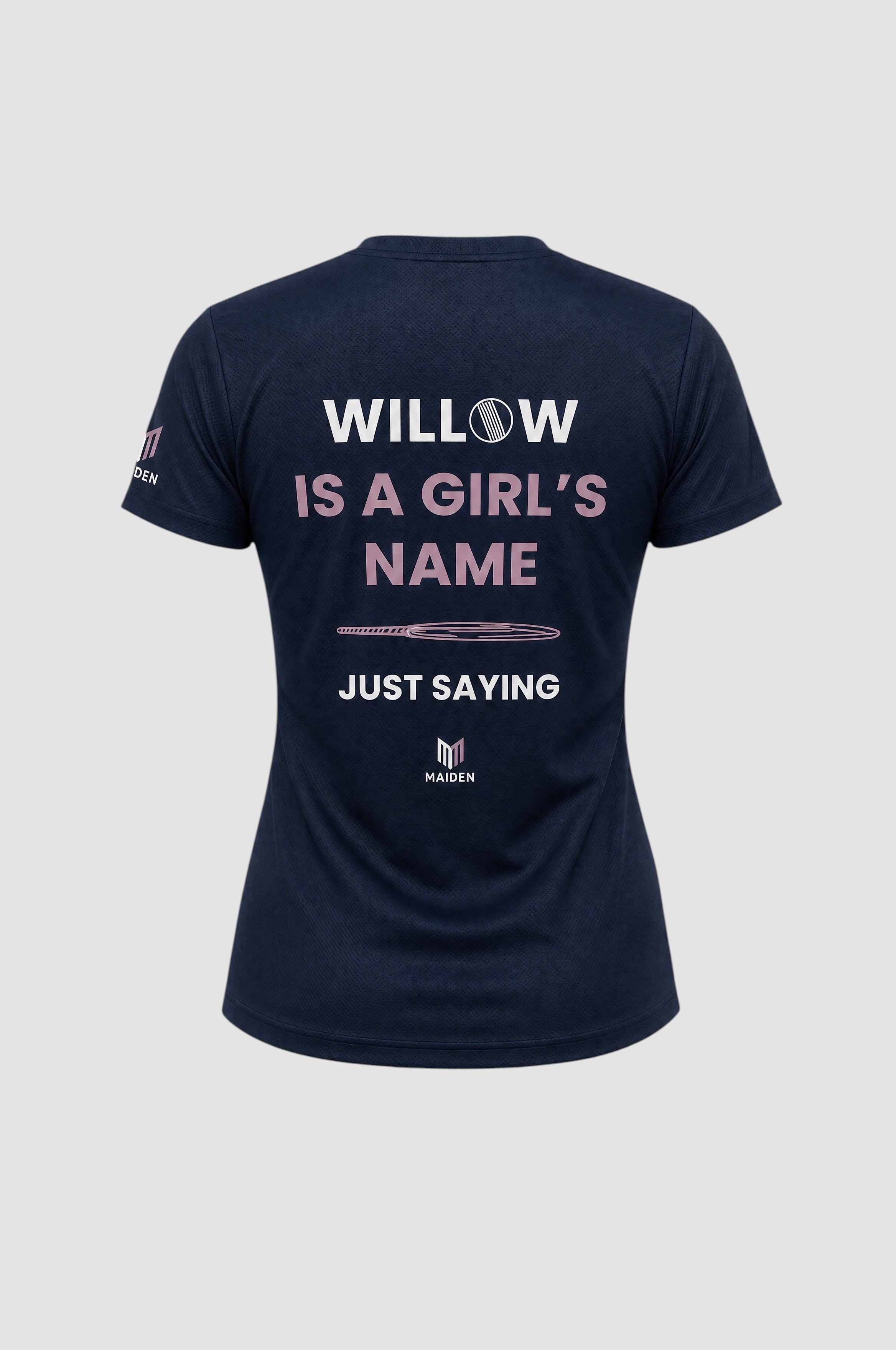 Back view of a navy Maiden Cricket women's World Cup t-shirt with Willow Is A Girl's Name graphic in pink and white.