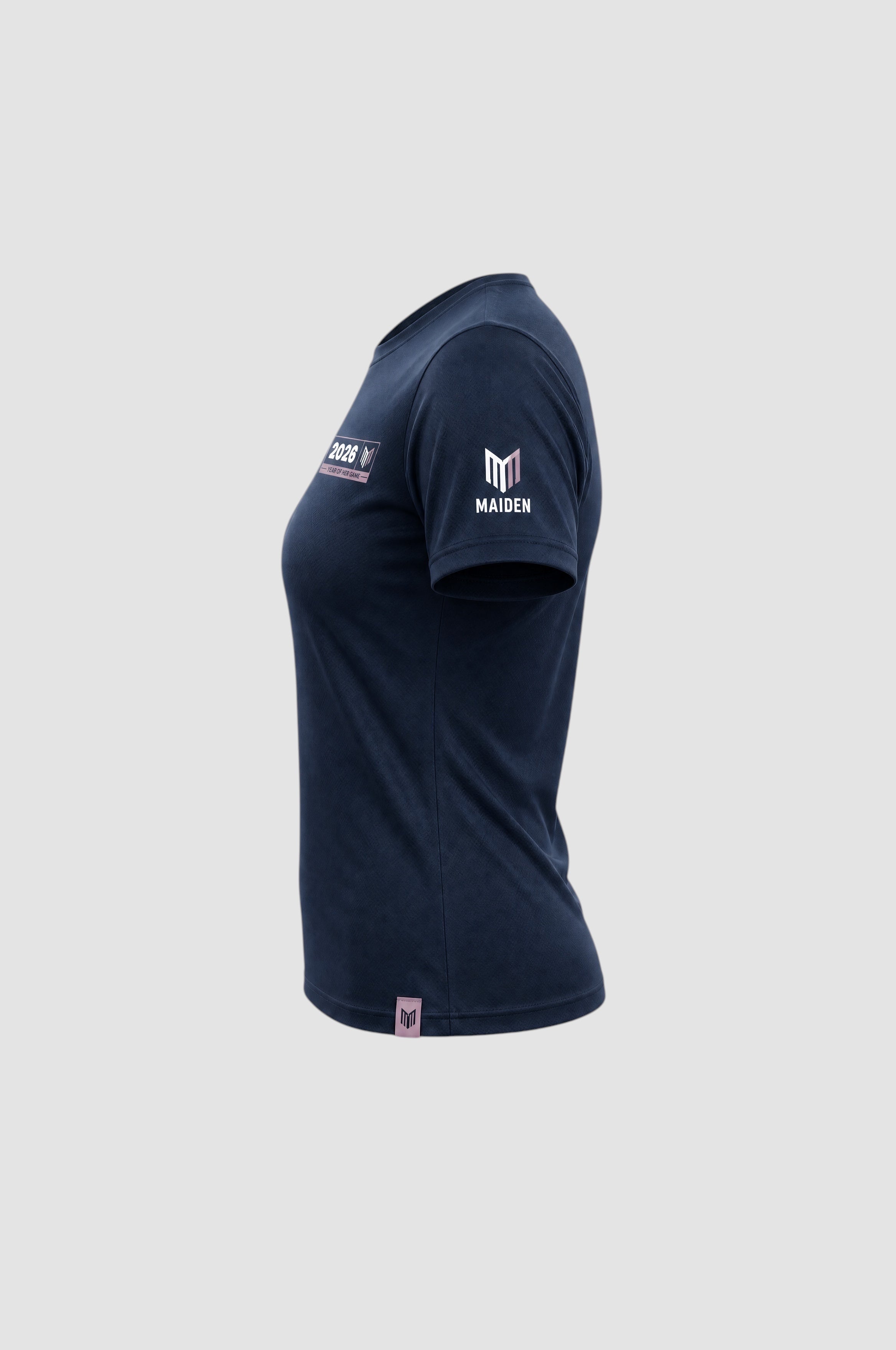 Maiden Cricket navy blue Women's Cricket World Cup fan t-shirt with side logo and 2026 graphic detail