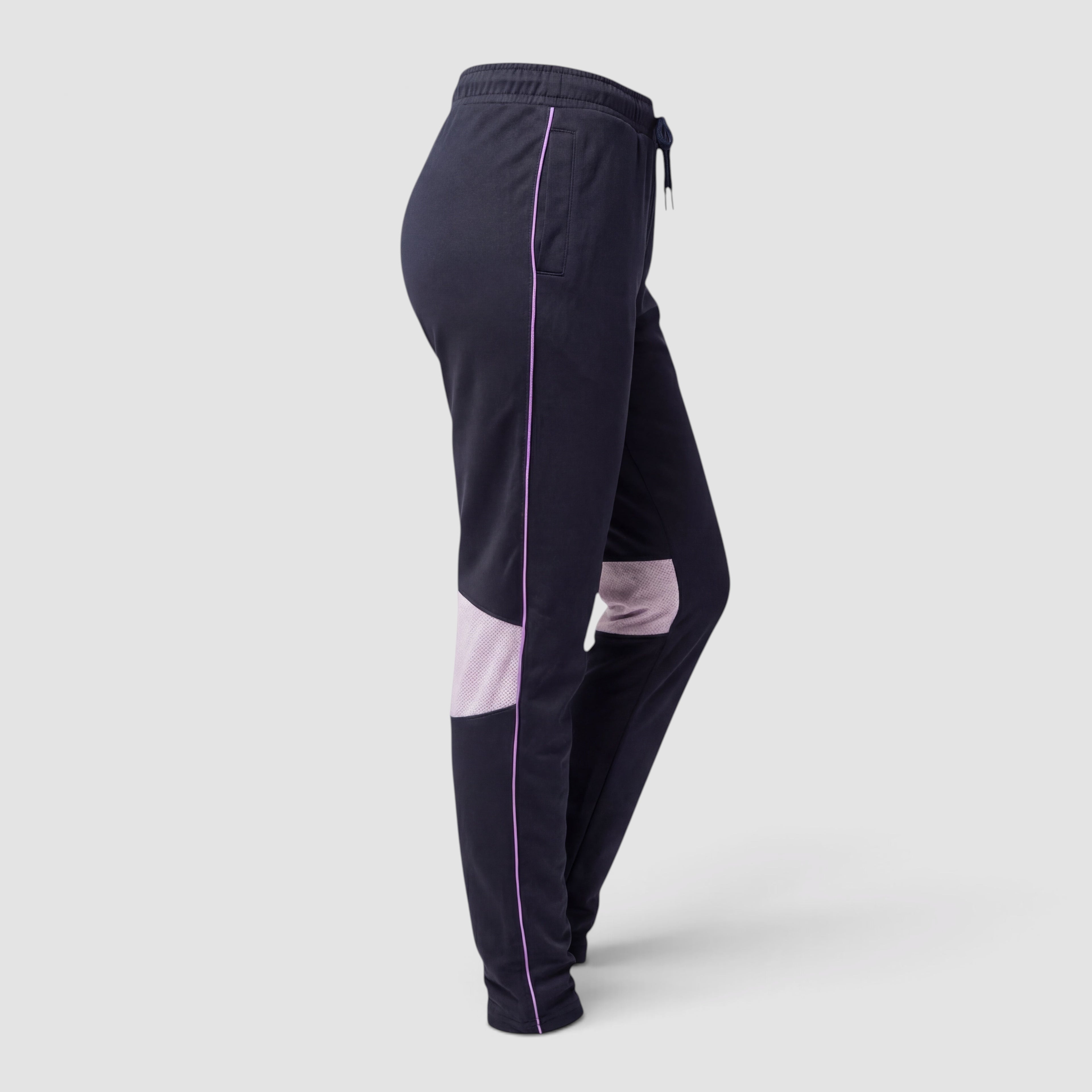 Maiden Cricket Nightwatch girls' navy training trousers with purple piping, side pockets, and mesh knee vents.