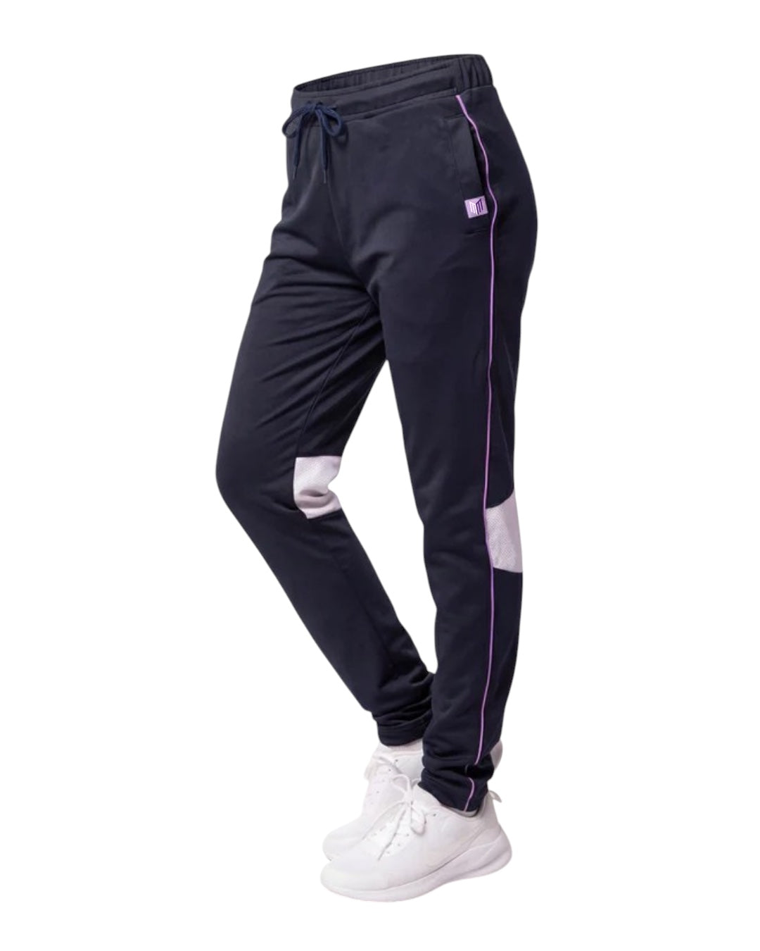 Maiden Cricket Nightwatch women's navy training trousers with purple piping, mesh knee vents, and adjustable hem.